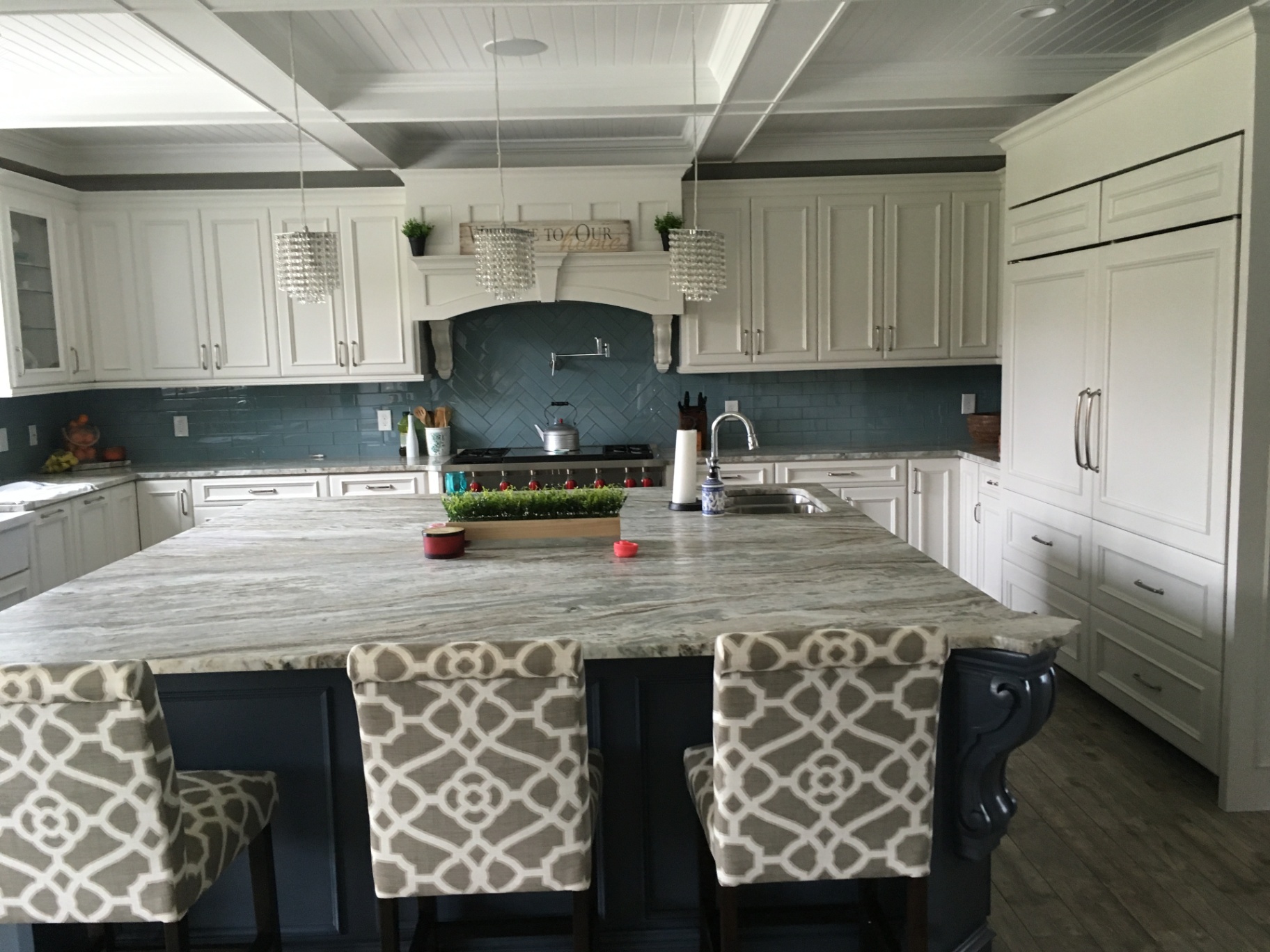 South Harrison Residence — kitchen with coffered ceiling and island