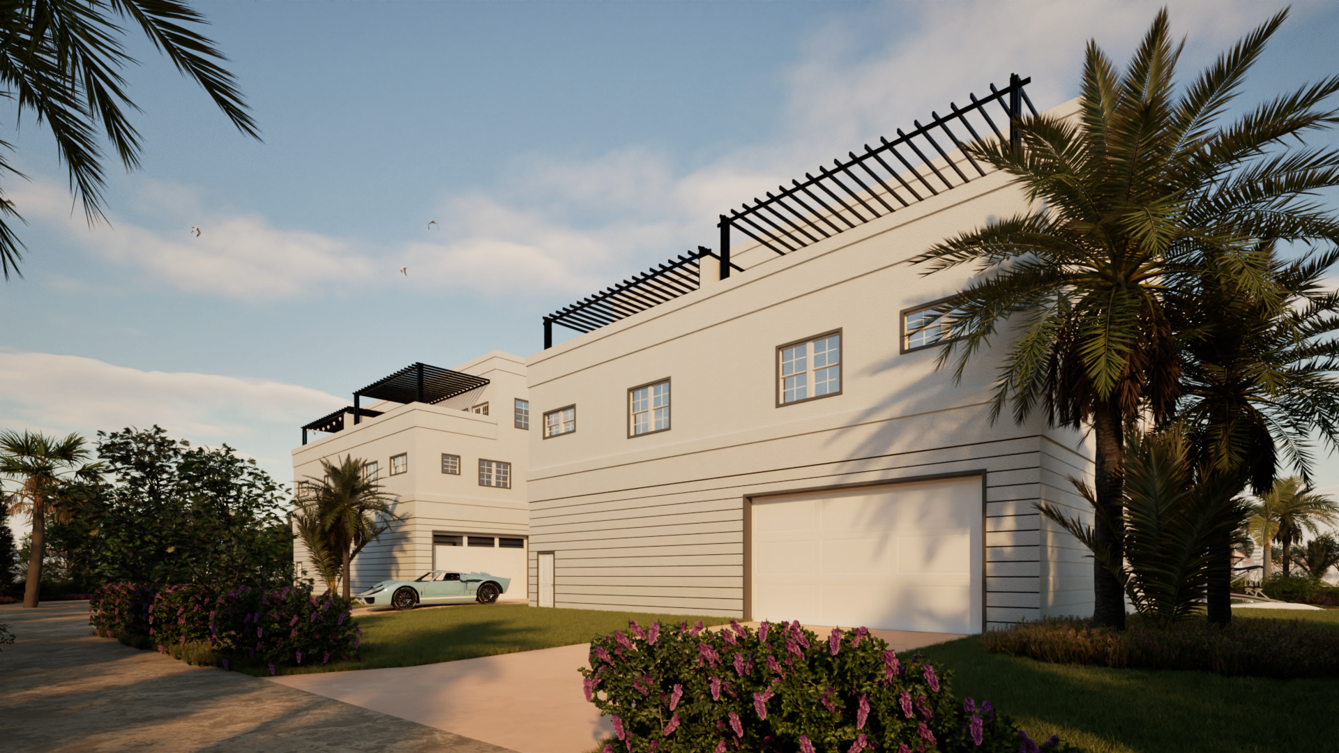 Vero Beach townhouses — drive and garage elevation at low sun