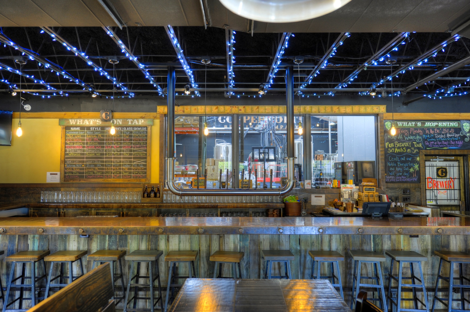 Copperpoint Brewing Company, Boynton Beach FL — tap wall and window into the brewhouse