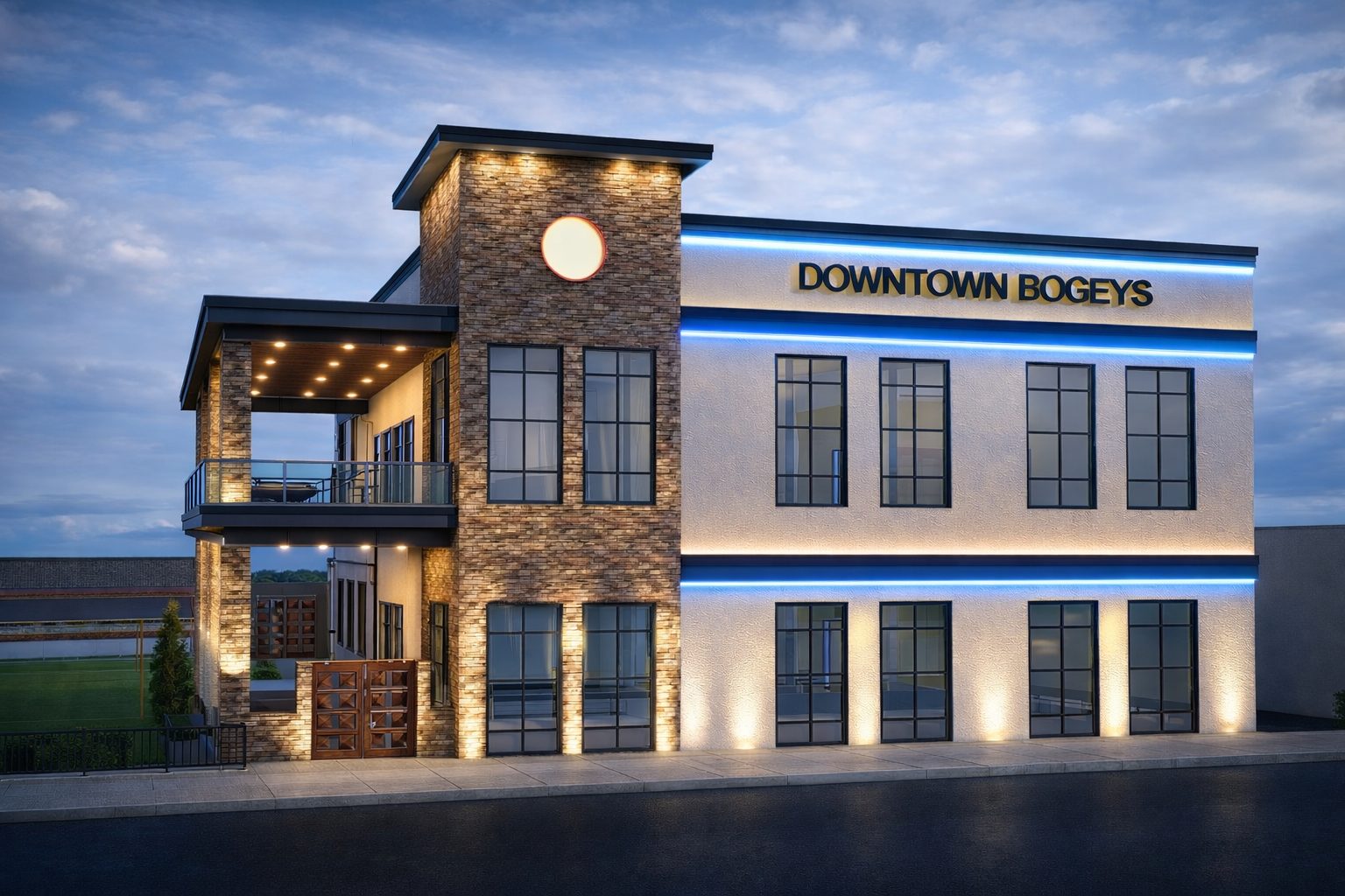 Downtown Bogeys, Glassboro NJ — illuminated street elevation at twilight