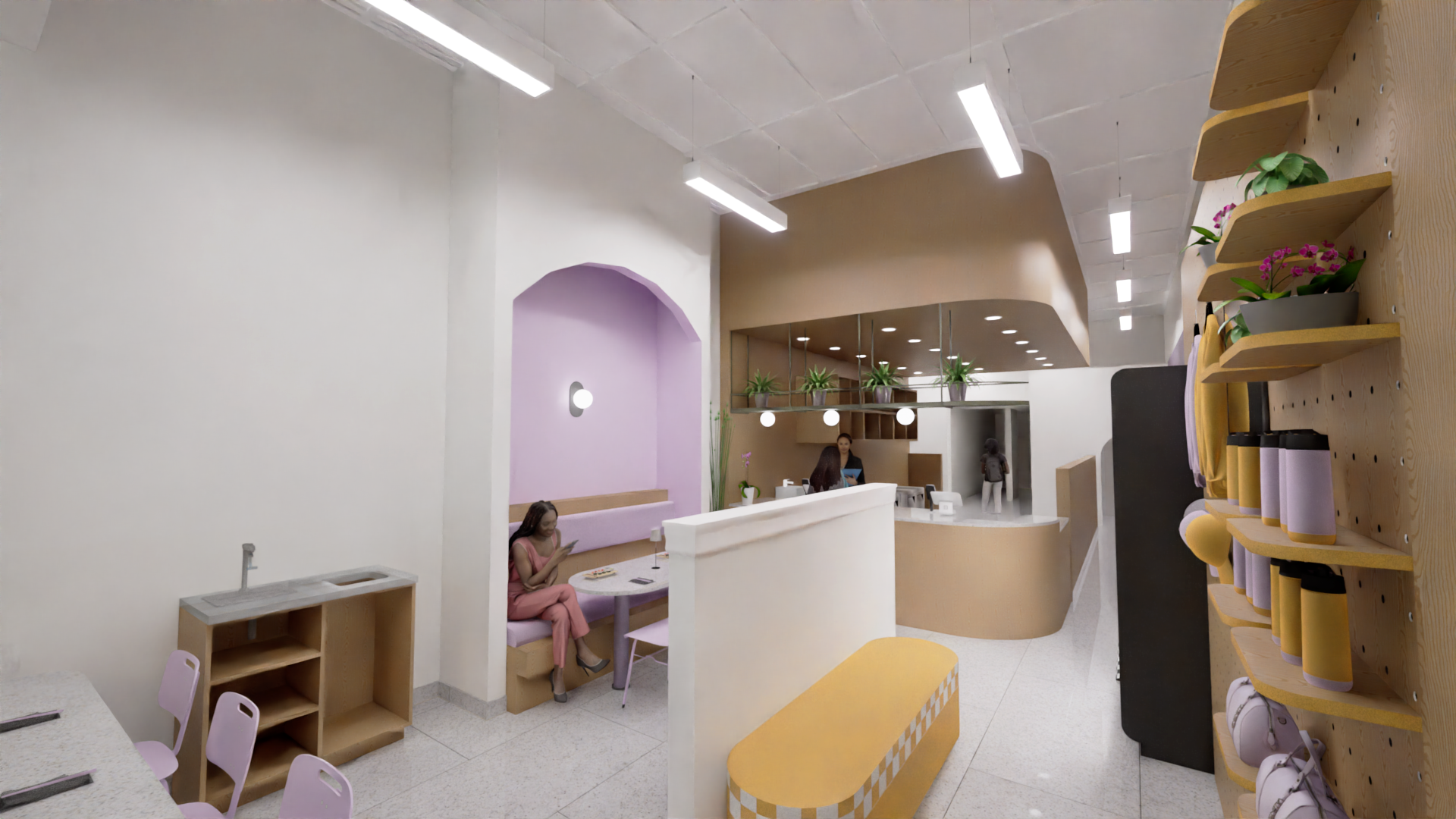 Sushi Taxi, Boca Raton FL — arched banquette seating and retail shelving