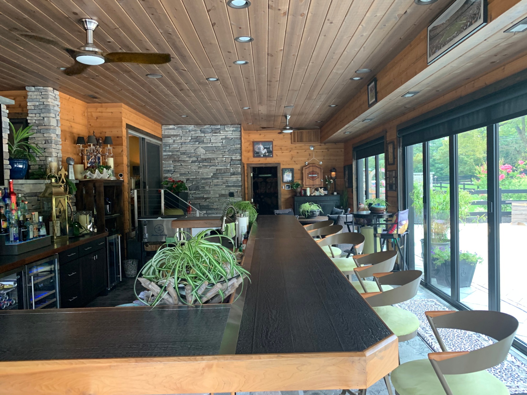 Moorestown Custom Addition — bar and lounge with cedar ceiling