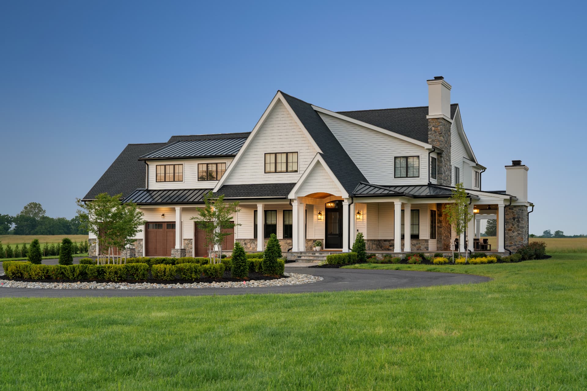 Carr Residence — front elevation at dusk