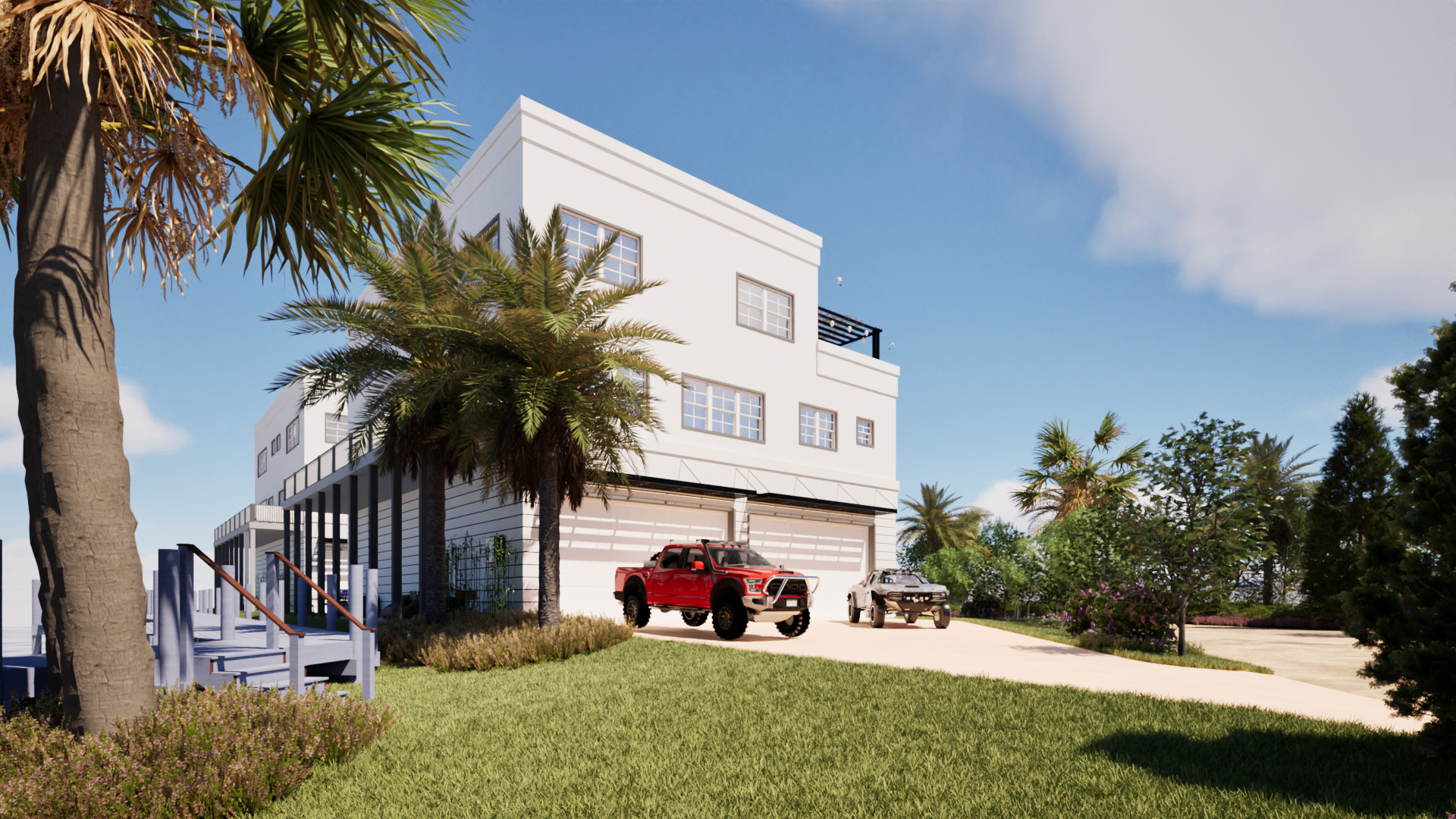Vero Beach bardominium — street approach and garages in daylight