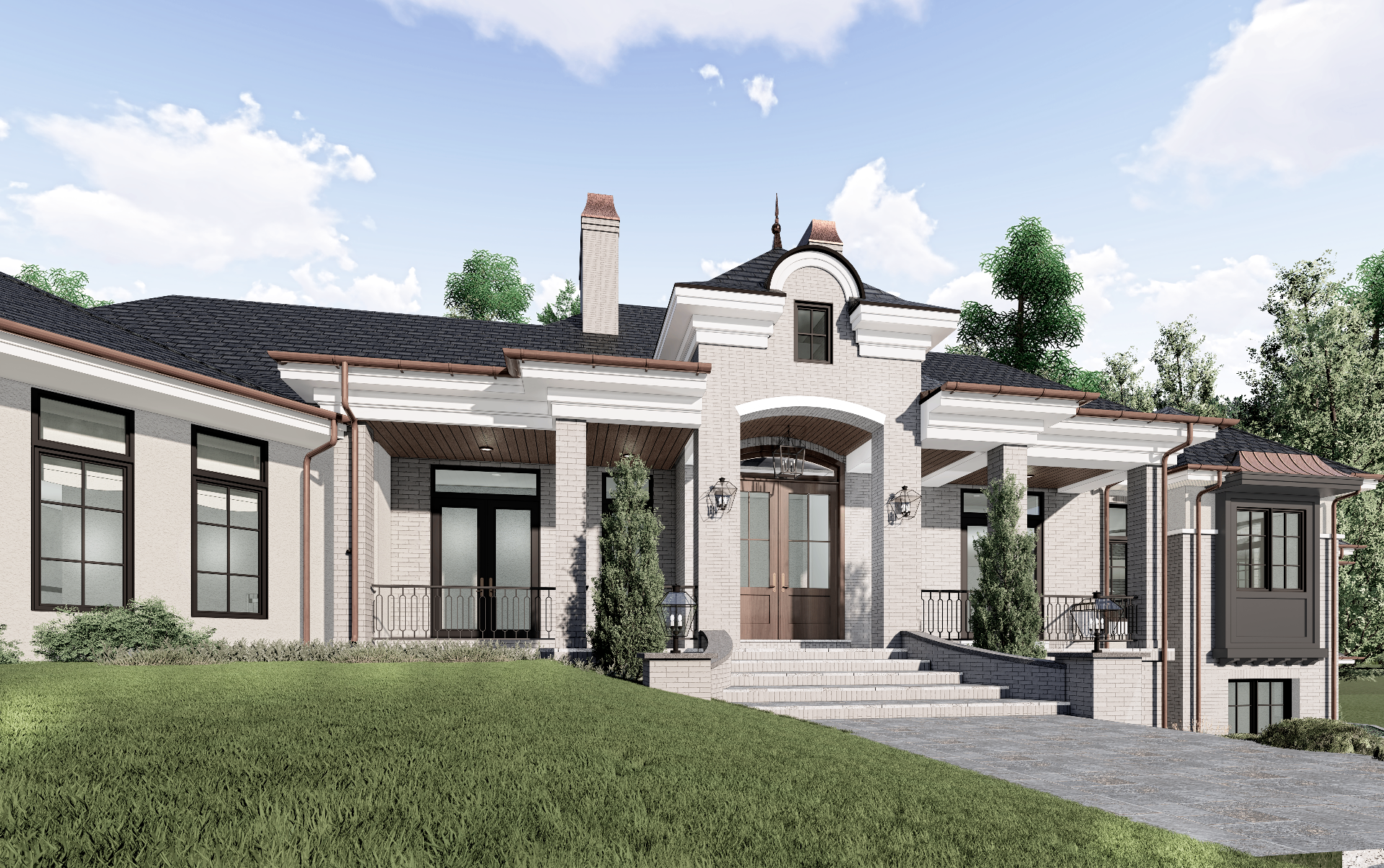 Woodstown Residence — entry loggia and arched front door