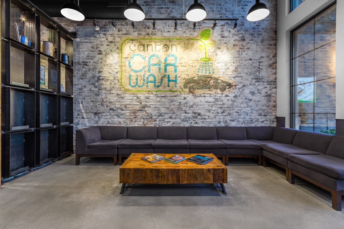 Canton Car Wash, White Marsh MD — lounge with painted brick mural