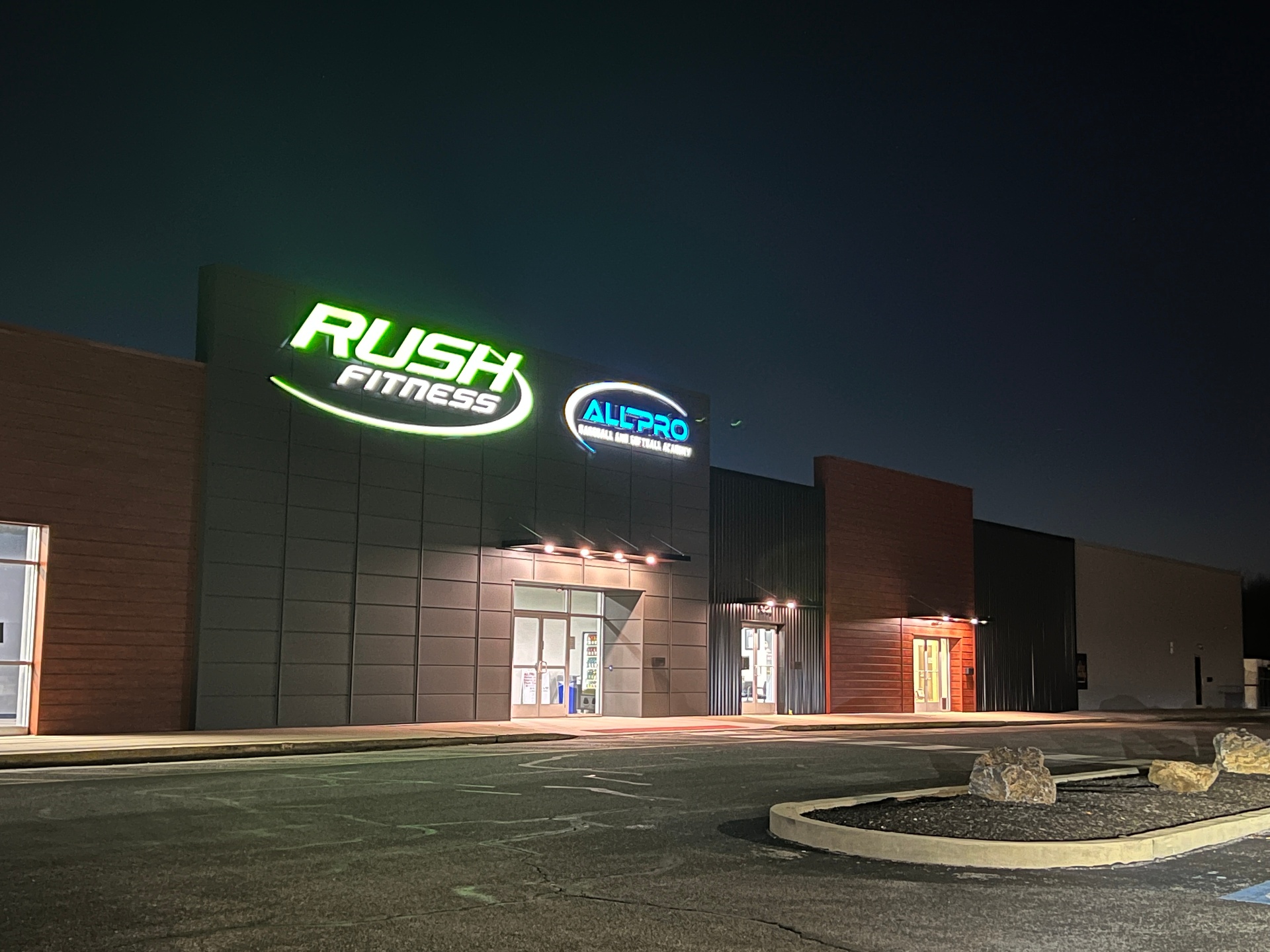 Rush Fitness, Williamstown NJ — illuminated entry at night