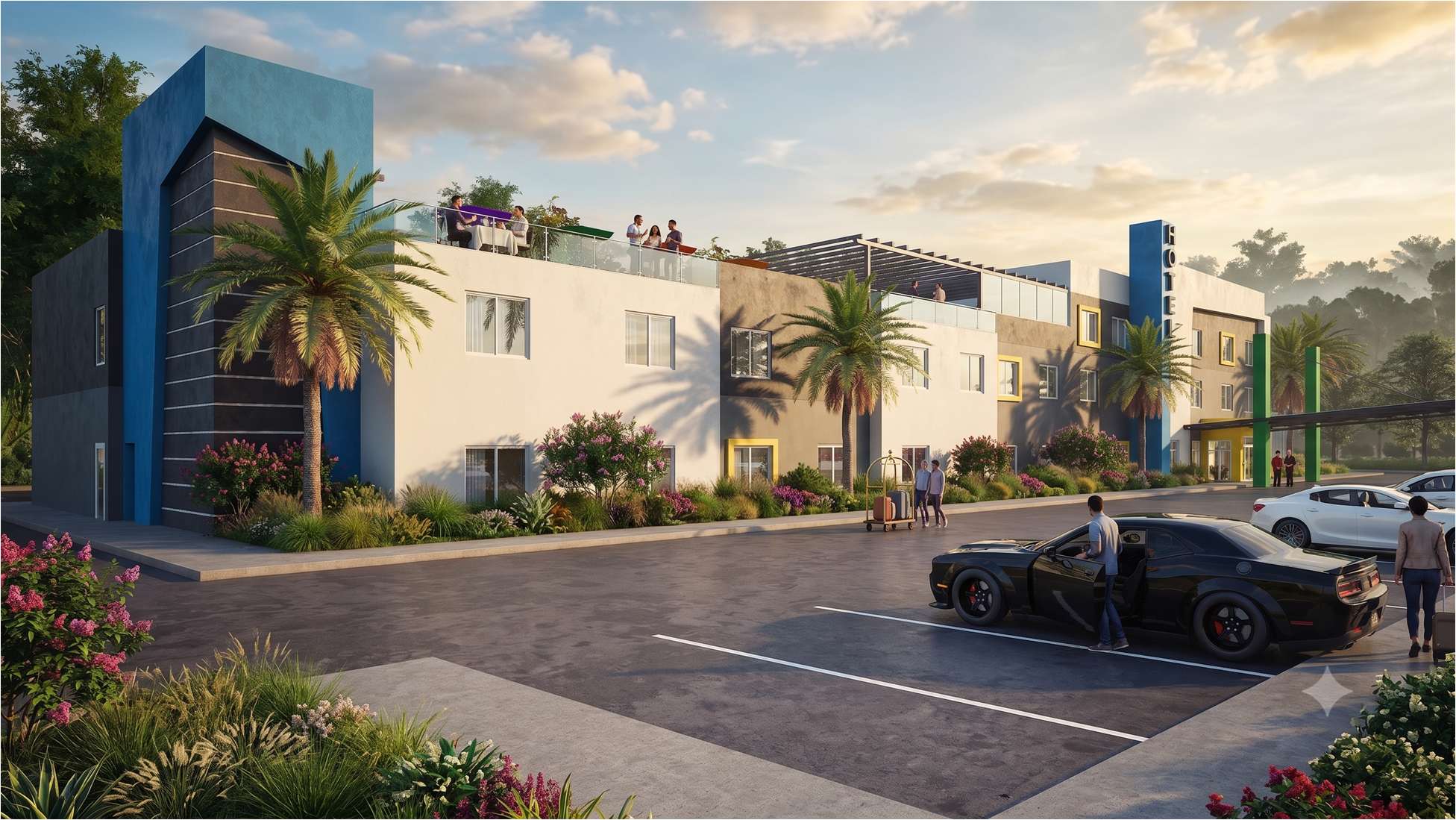 150-room hotel in Nigeria — facade and rooftop terrace at sunset
