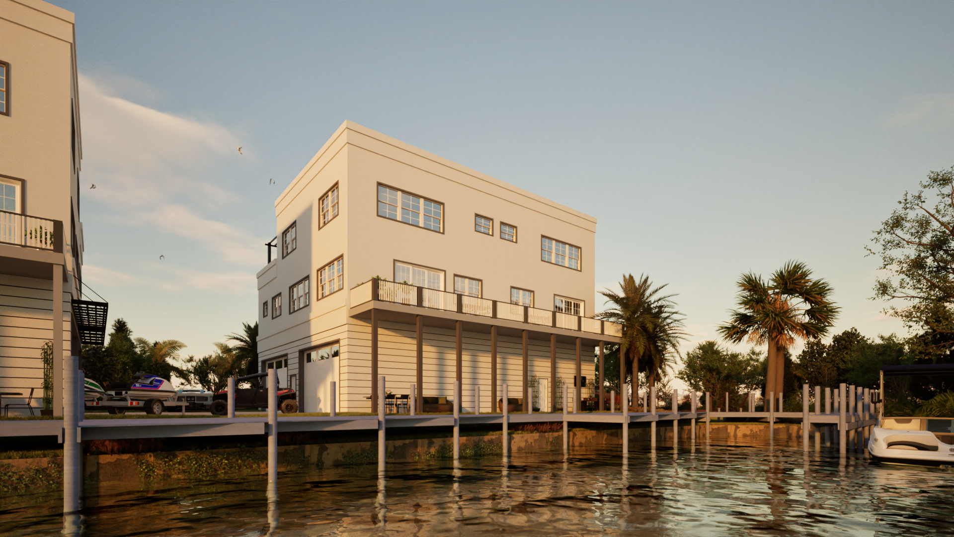 Vero Beach bardominium — waterfront elevation from the dock at golden hour