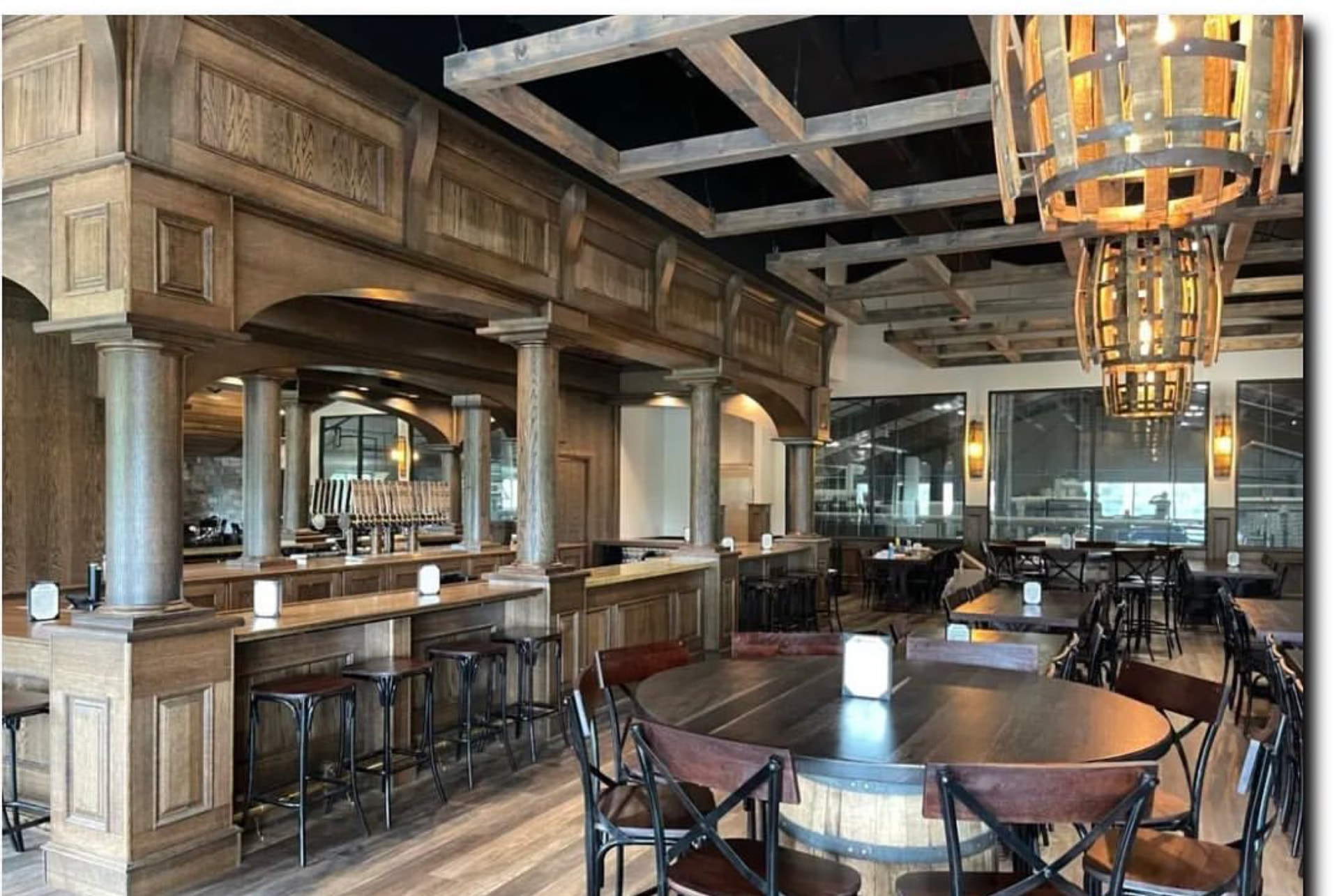Bonesaw Brewing Company, Glassboro NJ — second floor event bar with barrel chandeliers