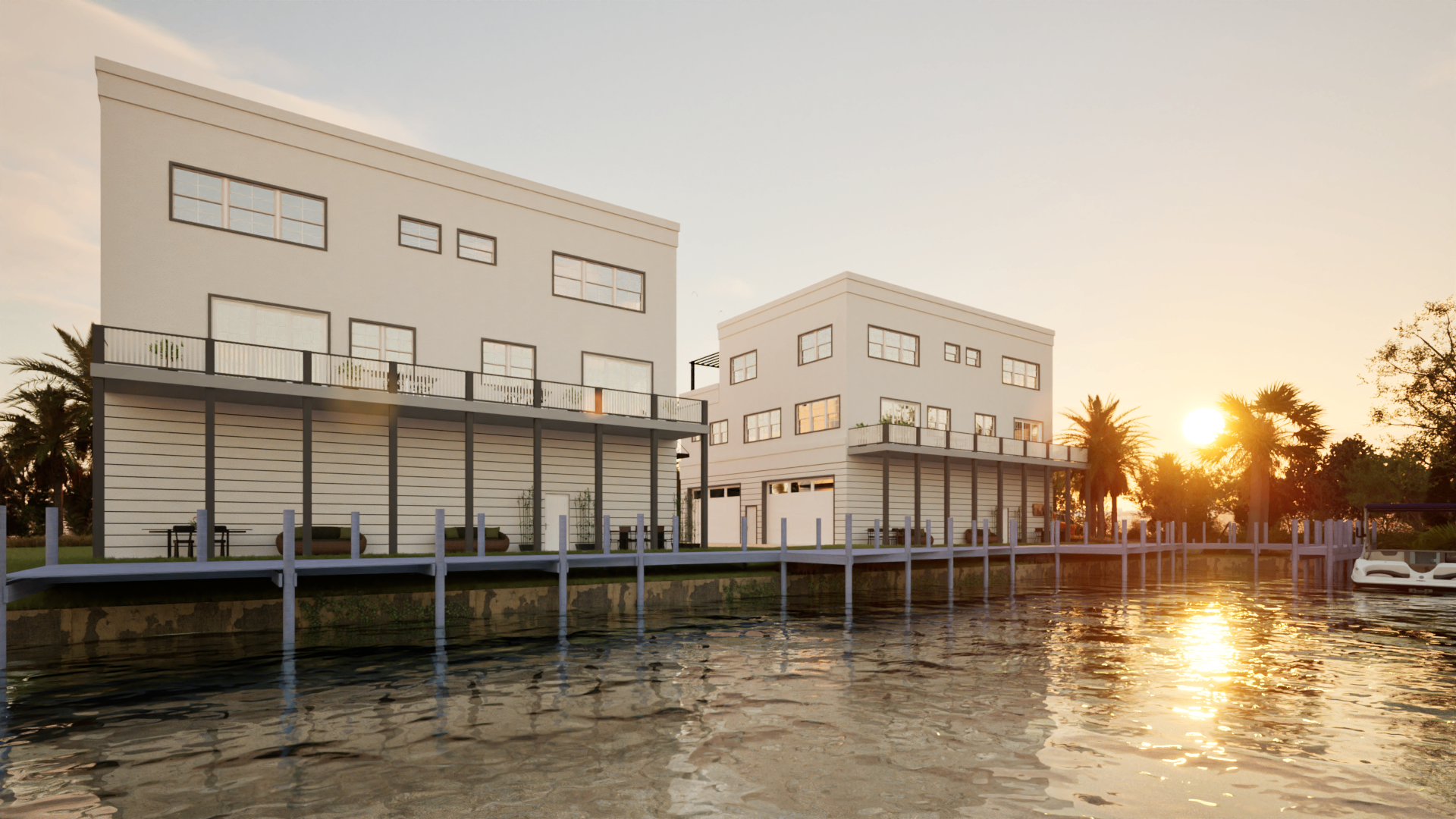Bardominium and townhouses, Vero Beach — waterfront elevation at sunset