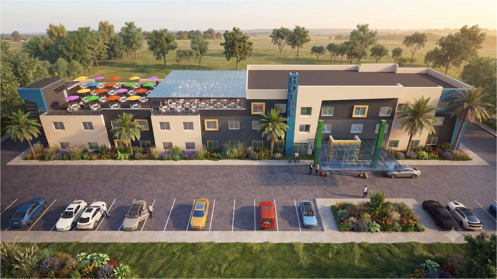 150-room hotel in Nigeria — aerial view of the rooftop dining terrace and entry
